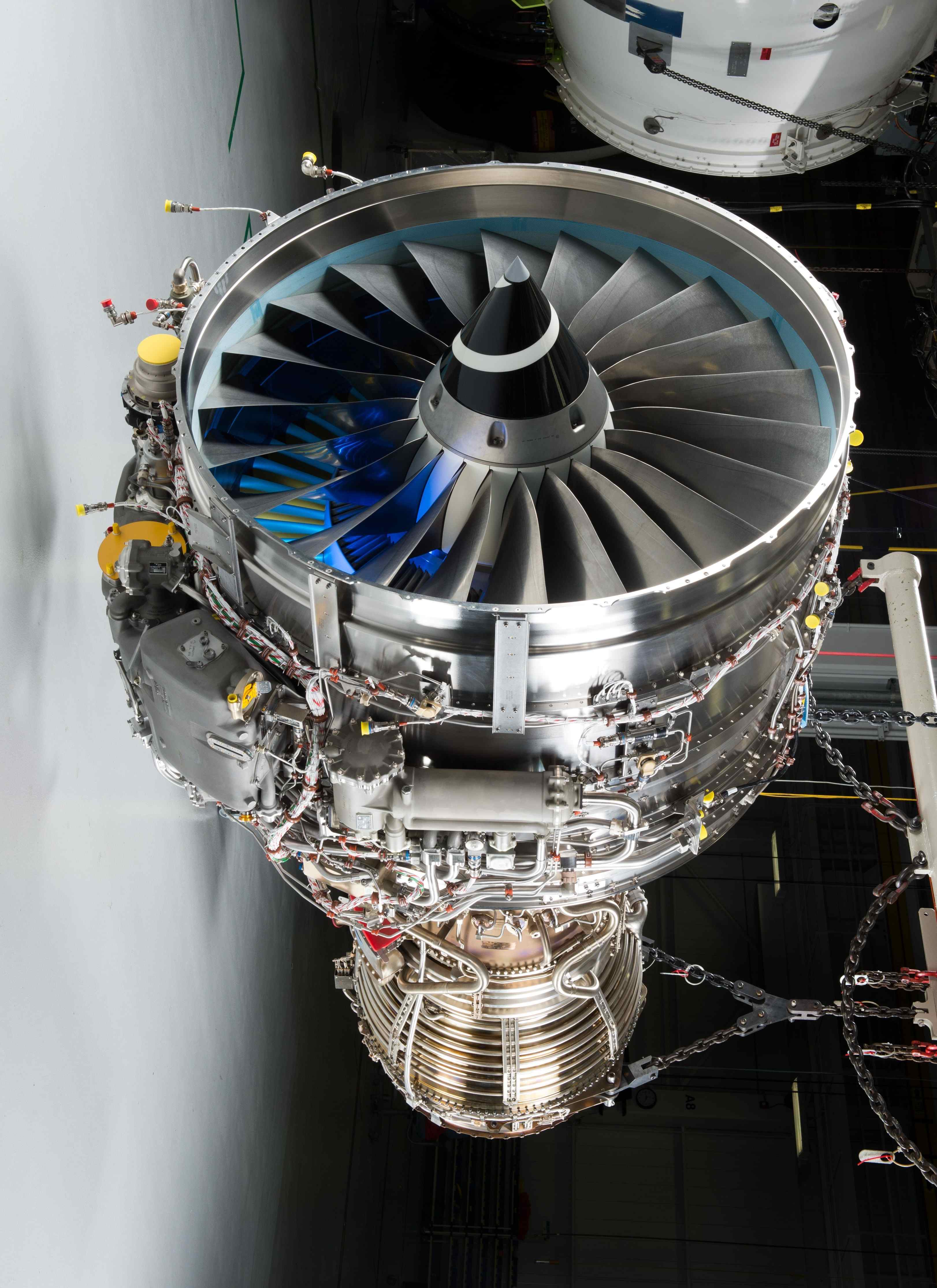 Complete turbofan jet engine on maintenance stand